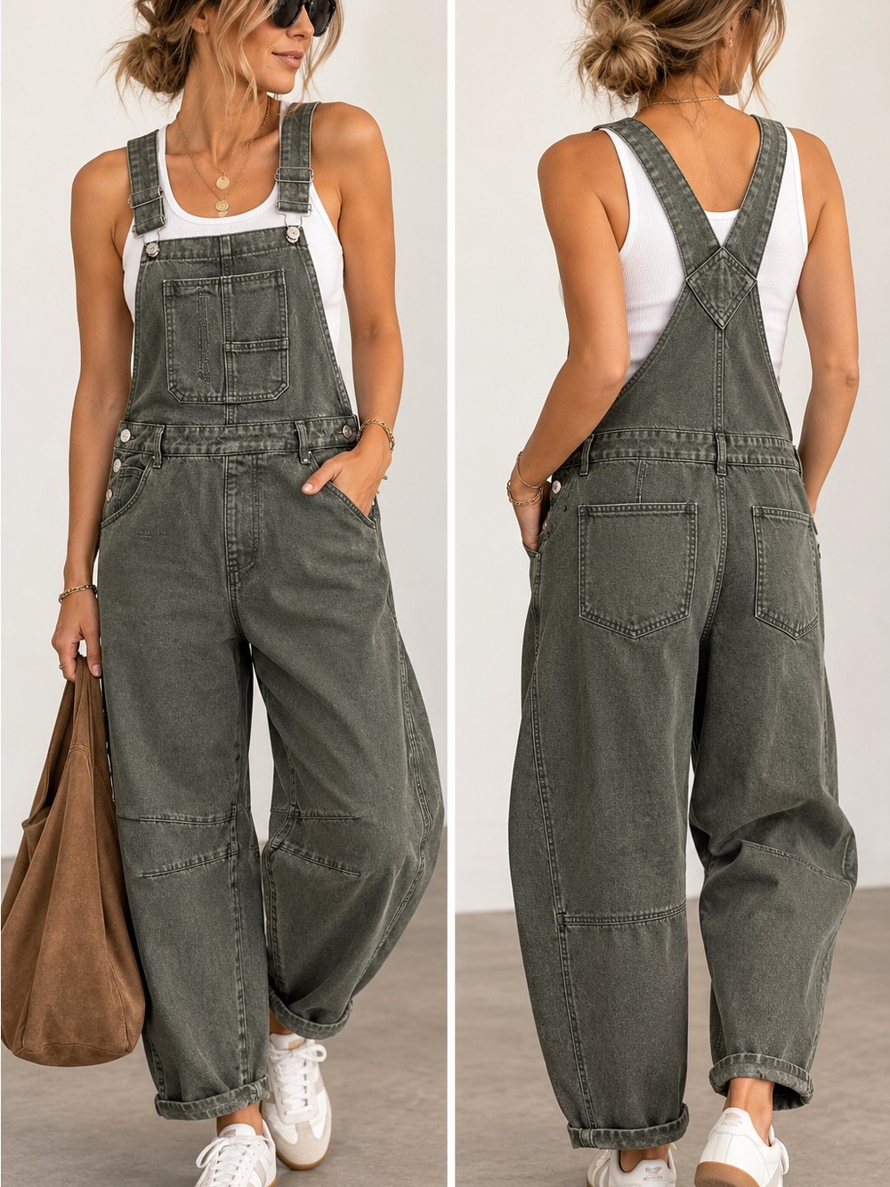 Barrel Leg Denim Overalls Women’s M Gray Olive Utility Workwear 100% Cotton